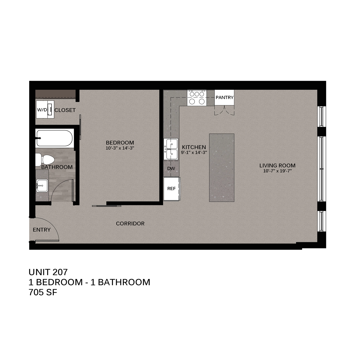 Floor plan for 1 bed, 1 bath, 720 sqft